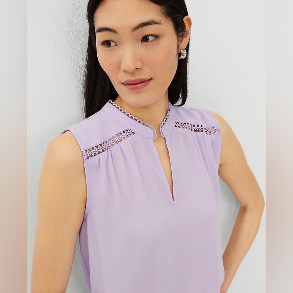 Ann Taylor Piped Split Crochet Neck Popover Iliac Purple Sleeveless Tank Blouse